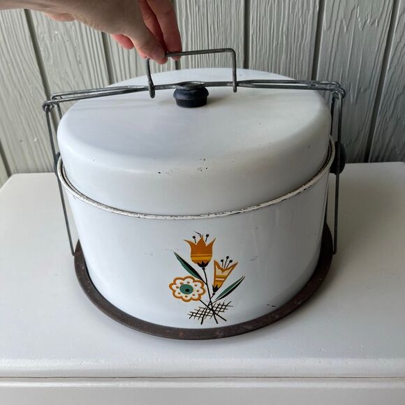 VTG 1950s Tin Cake & Pie Carrier Mid Century Kitchenware Floral Design - Picture 7 of 10